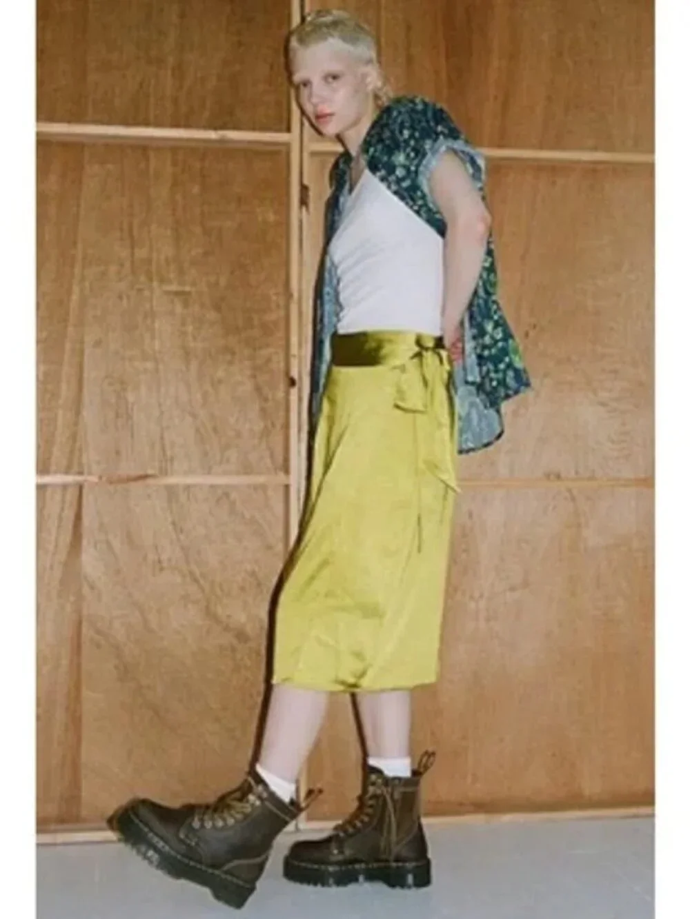 Wildfang The Empower Satin Wrap Skirt in Chartreuse, Size XL - Picture 1 of 8